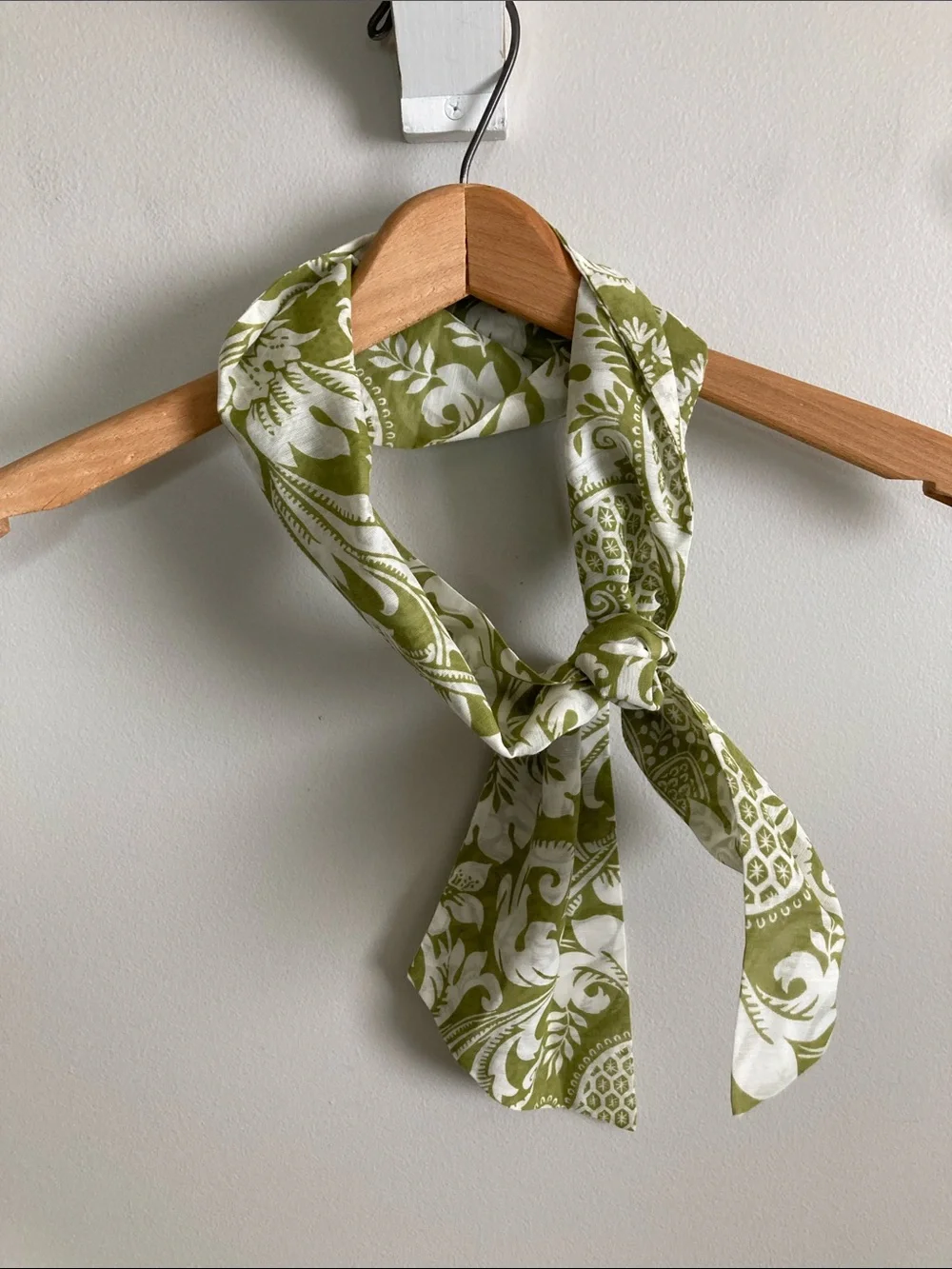 Olive Green and White Printed Scarf, Neck Scarf, Belt, Handbag or Hair Accessory